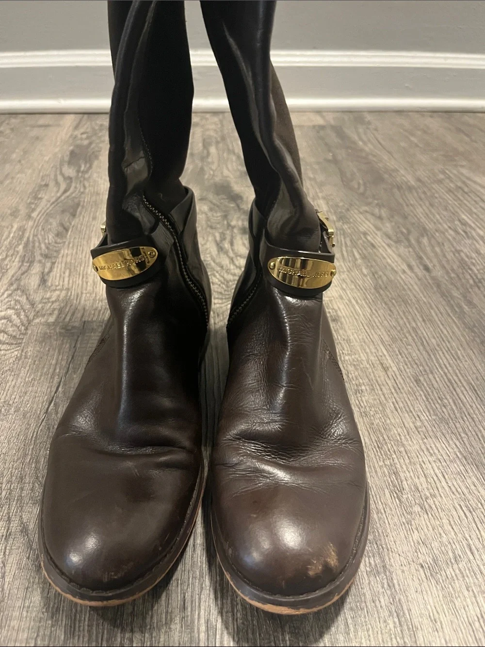 Michael Kors Dark Brown Leather Over-the-Knee Riding Boots with Gold Hardware